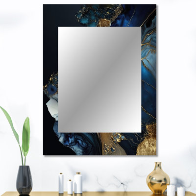 Abstrait géométrique doré et bleu marbre V - miroir décoratif en marbre, miroir mural bleu, impression d'art en métal