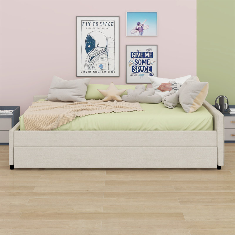 Lit plateforme tapissier avec port USB et lit gigogne, Grand lit