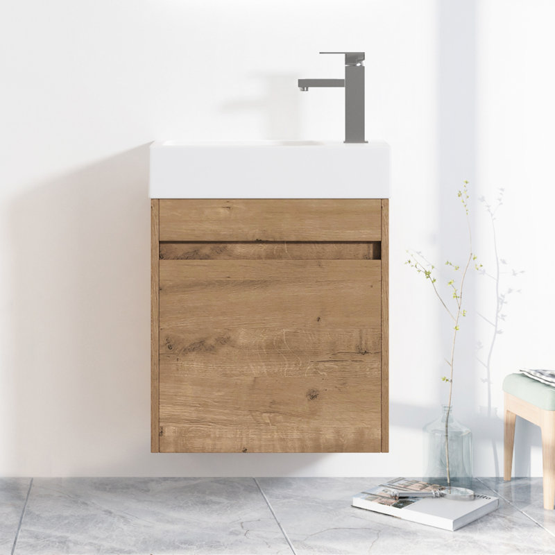 Armoire de salle de bain moderne de 18 po avec lavabo en résine et porte à fermeture en douceur, grande polyvalence de rangement, meuble-lavabo flottant imitation finition chêne, innovation, rangement,