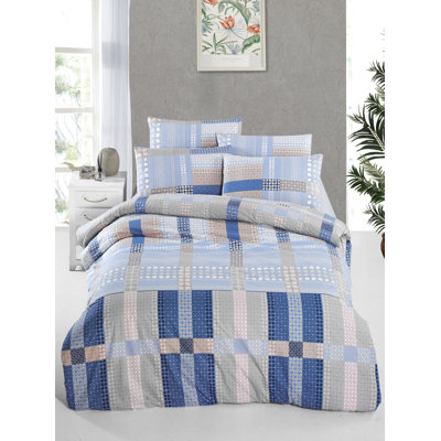 Ensemble de housse de couette simple 100% coton Ranforce, 53,1 po x 78,7 po | Comprend une taie d'oreiller de 31,5 po x 31,5 po | Lavable à la machine à 104 ° F, 145 fils, fermeture à boutons, motif bleu / beige / brun | Literie confortable et élégante