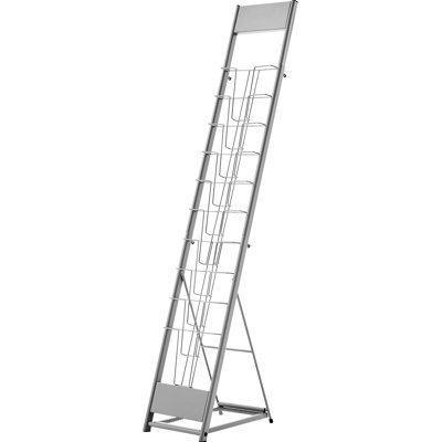 Silver Portable Floor Standing Literature Display Rack For Shop, Office, Trade Show - Large Storage, , Quick Setup Metal Newspaper Catalog Holder Show, Shop 10 Compartments, Detachable, Easy To