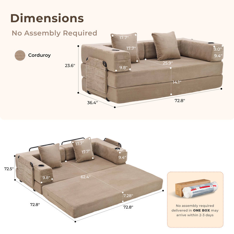Convertible Sofa Bed - Foldable Upholstered Couch with Cupholders & Storage Pockets,No Assembly Required, Khaki