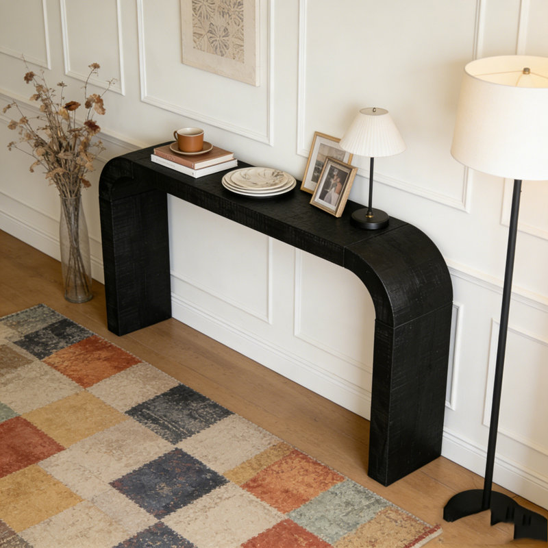 52" Wood Console Table with Curved Edge, Black