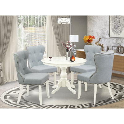 5 Piece Kitchen Table & Chairs Set Includes a Round Dining Room Table with Pedestal and 4 Baby Blue Linen Fabric Parson Chairs, Linen White