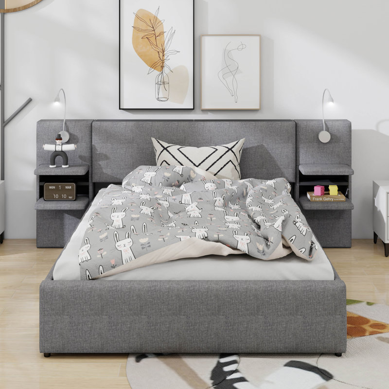 Grand lit plateforme tapissier avec lumières de lecture, lit gigogne et tablettes, Gris