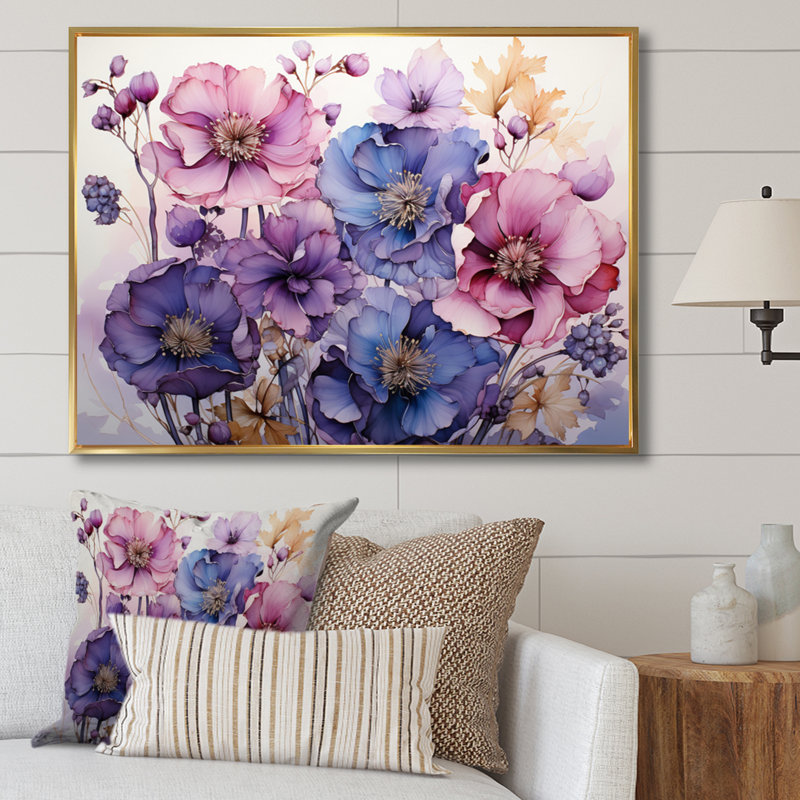 Mauve et fleurs mystiques IV - art botanique abstrait, Cadre flottant doré, H 30 po x l 40 po x P 1,5 po