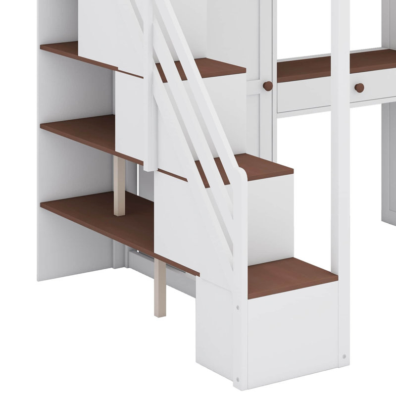 Full Size Loft Bed With Storage Staircase,Built-In Dressing Table With Mirror And Drawer, Wardrobe & Cabinets, USB Charging Ports And Lights