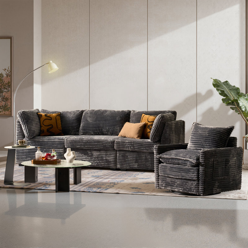 Ensemble de salon 3 pièces - Canapé modulaire 3 places avec fauteuil pivotant, Gris