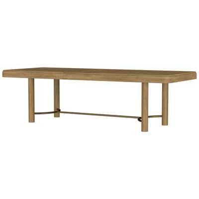 Table de cuisine autoportante de style côtier, fini sablé, rallonge amovible de 45 cm et tréteau en laiton antique pour 8 personnes. Table rectangulaire extensible en bois d'hévéa brun, fini sablé, idéale pour un bar ou une cuisine.