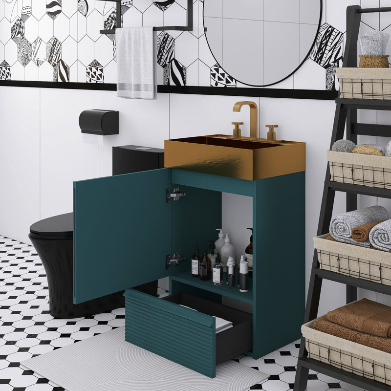 Meuble-lavabo autoportant à rayures 20 po avec lavabo intégré en acier inoxydable 304 brossé, Turquoise