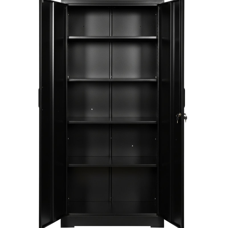 Armoire de rangement robuste en acier de 180 cm (71 po) avec portes verrouillables et 4 étagères réglables, idéale pour entrepôt, bureau, garage, finition noire antirouille, durable et résistante à l'usure.