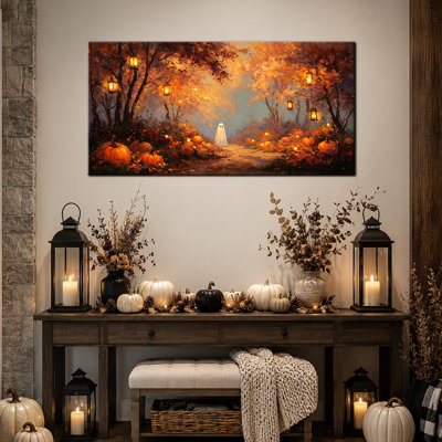 Automne, art mural d'Halloween, images fantômes, peinture murale, peinture d'Halloween, art mural d'Halloween sur toile, chaud automne forêt, art mural fantôme, décor gothique rustique pour le salon et le vestibule 16 po x 32 po