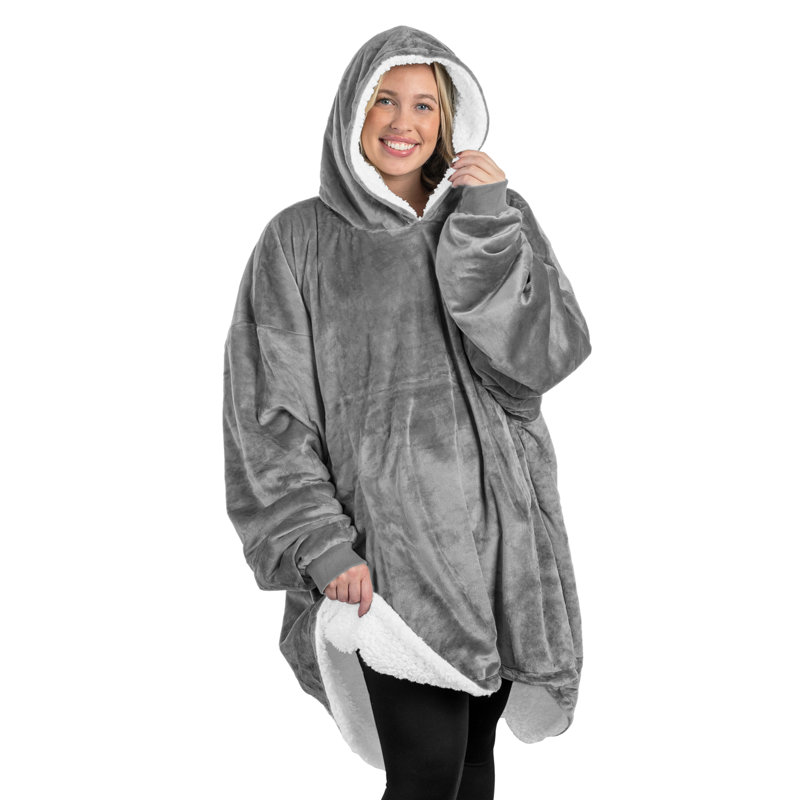 Gray Fleece and Sherpa Hooded Wearable Blanket with Sleeves