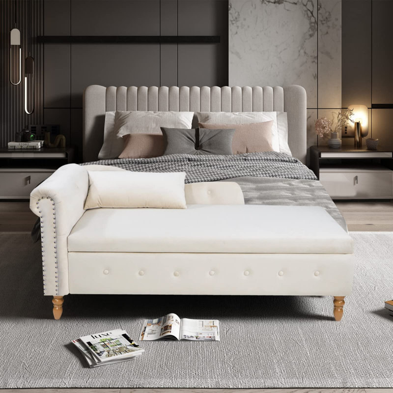  Chaise longue de rangement rembourrée en velours avec coussin, Beige