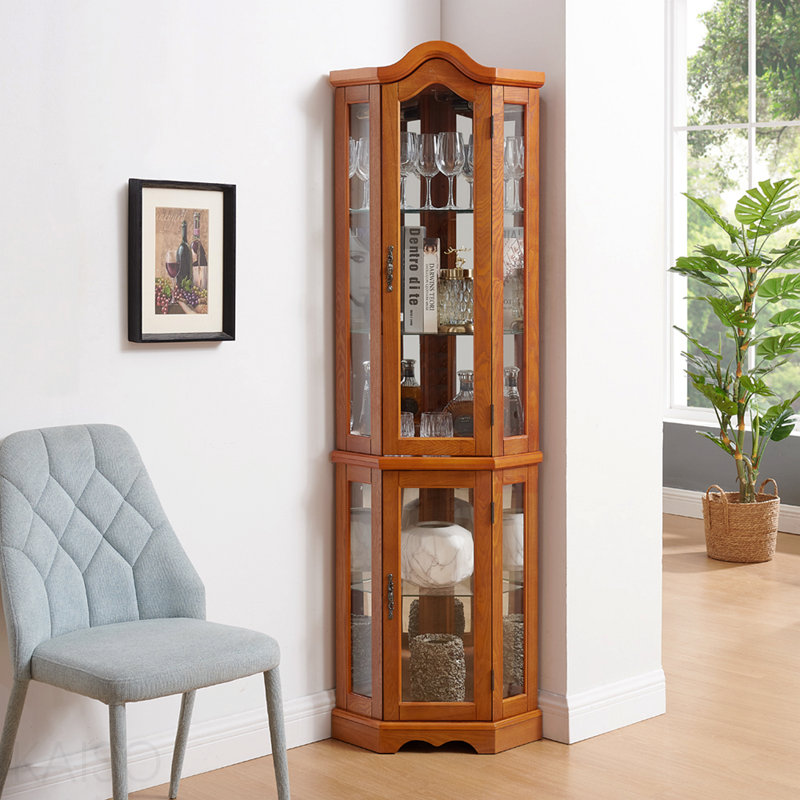 Armoire d'angle, porte en verre et chêne, avec portes et tablettes en verre trempé - rangement élégant