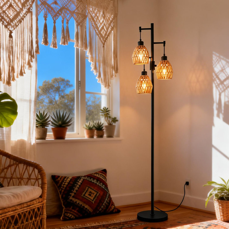Lampe trépied en rotin 70 po Boho avec 3 lumières à intensité variable et ampoules DEL