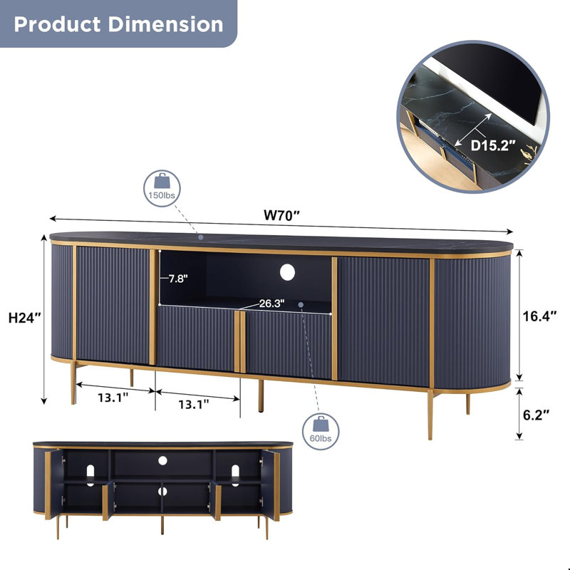 Rosevell 70" W TV Stand for TVs up to 78", Dark Blue