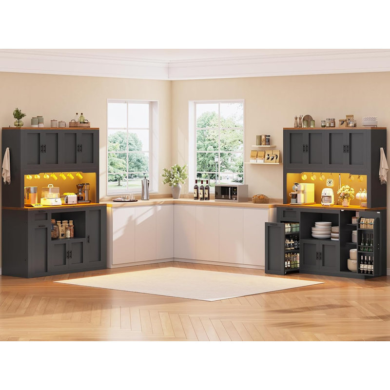 71" Kitchen Hutch Storage Cabinet Pantry Cabinet With Charging Station And Led Light, Black, 47.2" wide