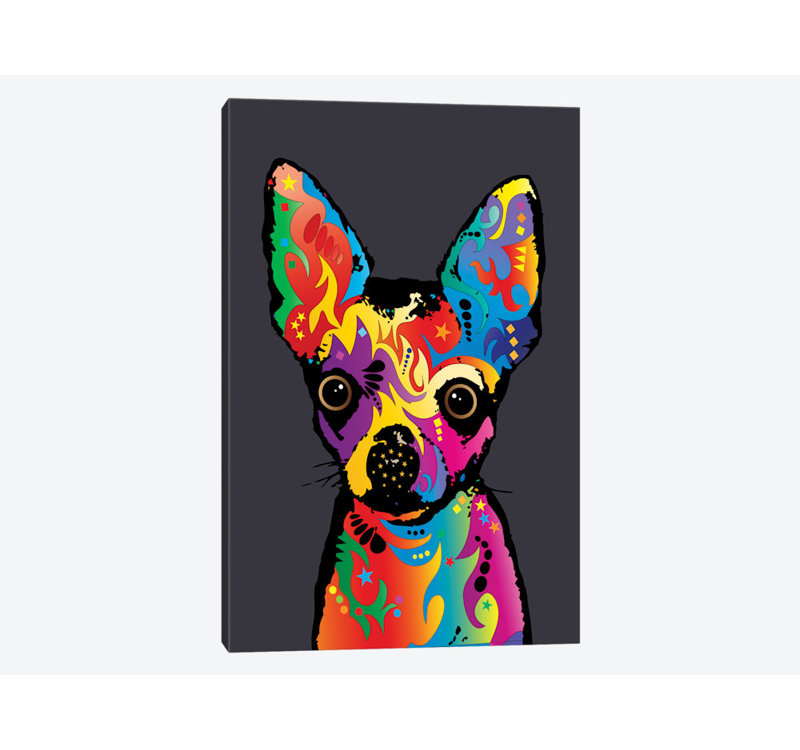 Chihuahua arc-en-ciel sur fond gris, impression sur toile tendue, H 24 po x l 16 po x P 1 po, Papier d'art encadré noir