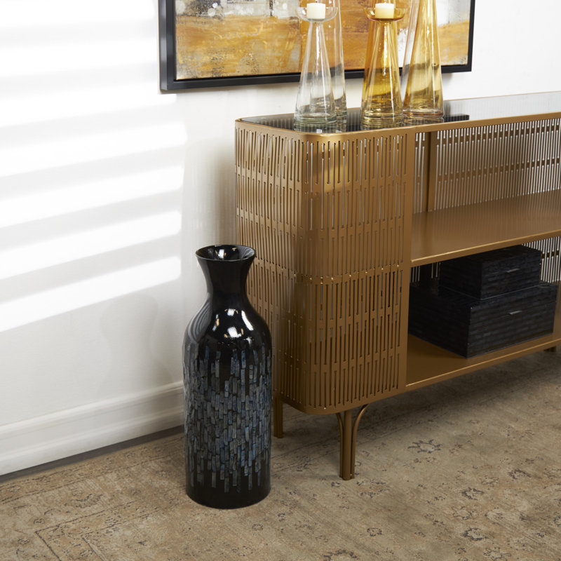 Lansdown Black Capiz Shell Handmade Decorative Vase with Gold Ombre Design, 9" x 9" x 34", Black/Blue