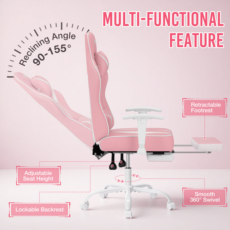 Ergonomic Massage Gaming Chair With Adjustable Armrests, Pink