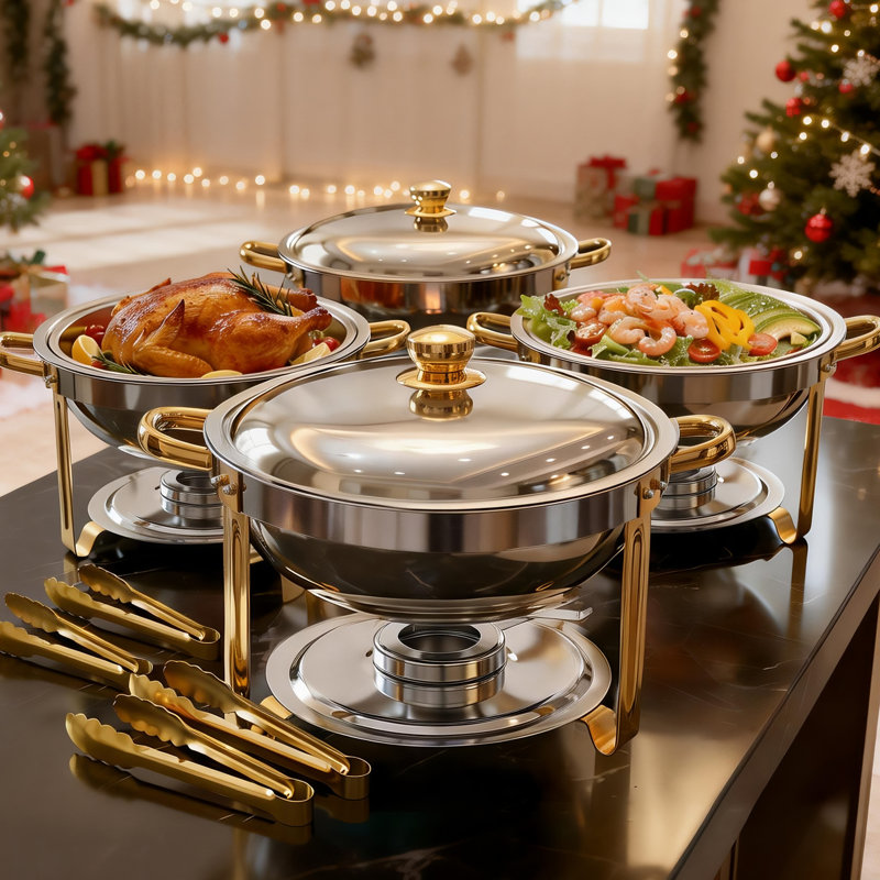 Plats de réchaud ronds pour ensemble de 4 buffets, ensembles de réchaud 6QT et réchauds à buffet avec 4 pinces, réchauds dorés pour les rassemblements de fêtes