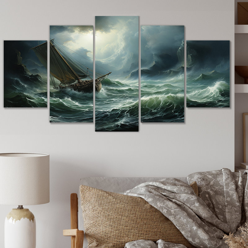 Stormy Seas Beauty III - Art mural sur toile nautique et plage - 5 panneaux