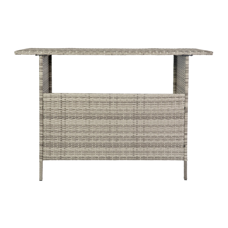 Rimah Rectangular Indoor/Outdoor Wicker Rattan Patio Bar Counter Table with Two Shelves, Grey, Grey