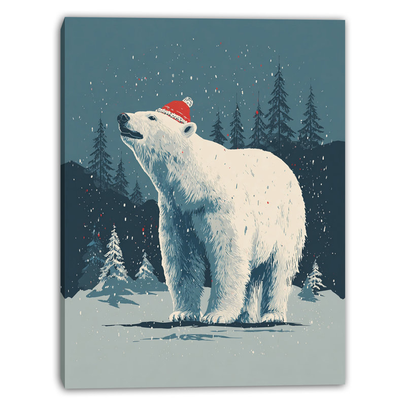Hiver, ours polaire au chapeau rouge, art mural, H 24 po x l 16 po