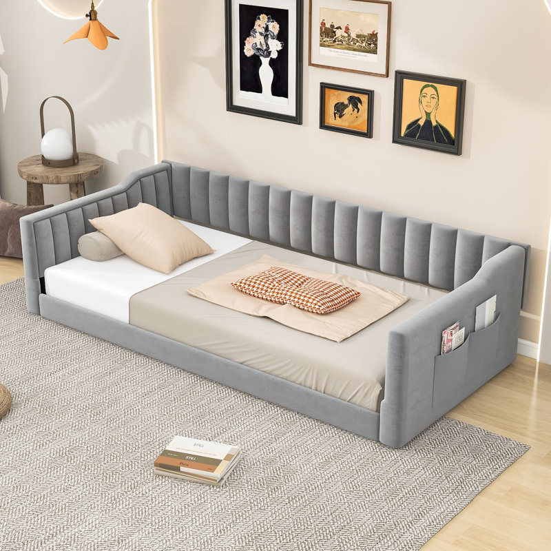 Velvet Upholstered Daybed with Side Storage Pocket for Guest Rooms, Extra-long Twin, Gray