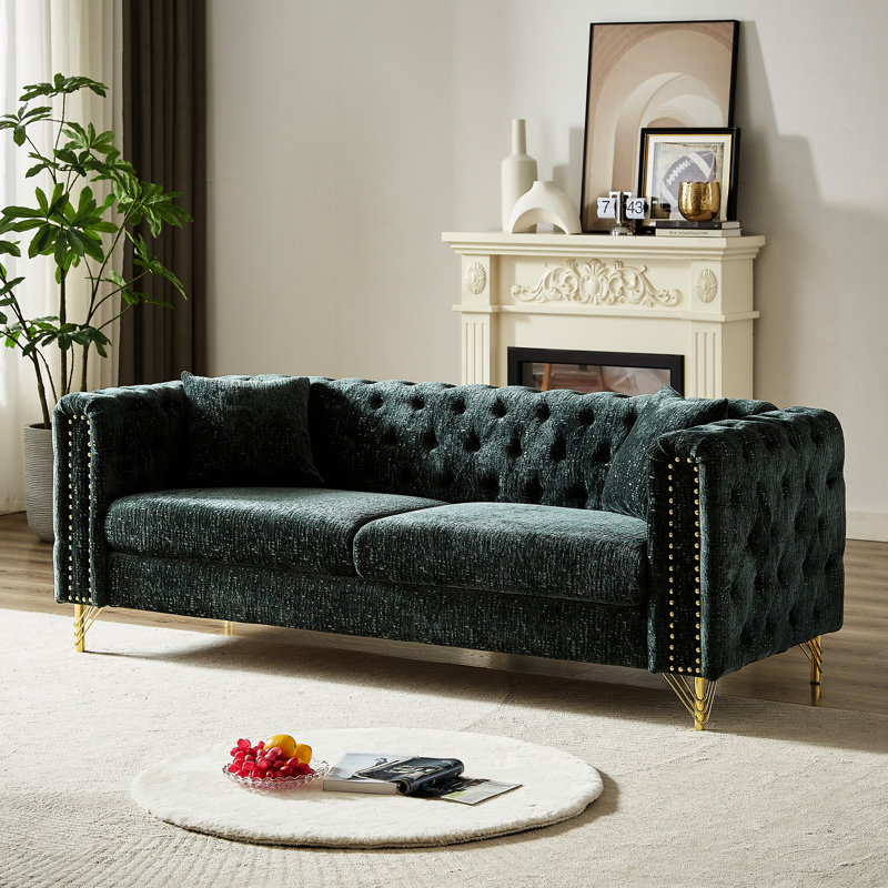 Chenille de 60 po pour le salon Grace, conception avec boucle à tirer, boutons, accoudoir décoratif en cuivre, canapé rembourré moderne et pieds en métal, housse avec capitonnage à boutons, pieds, 2
