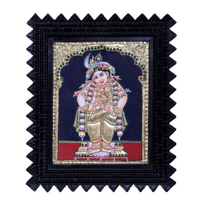 Navaneeta debout, seigneur Krishna | Couleurs traditionnelles avec or 24 carats | Structure en bois de teck | Or et bois