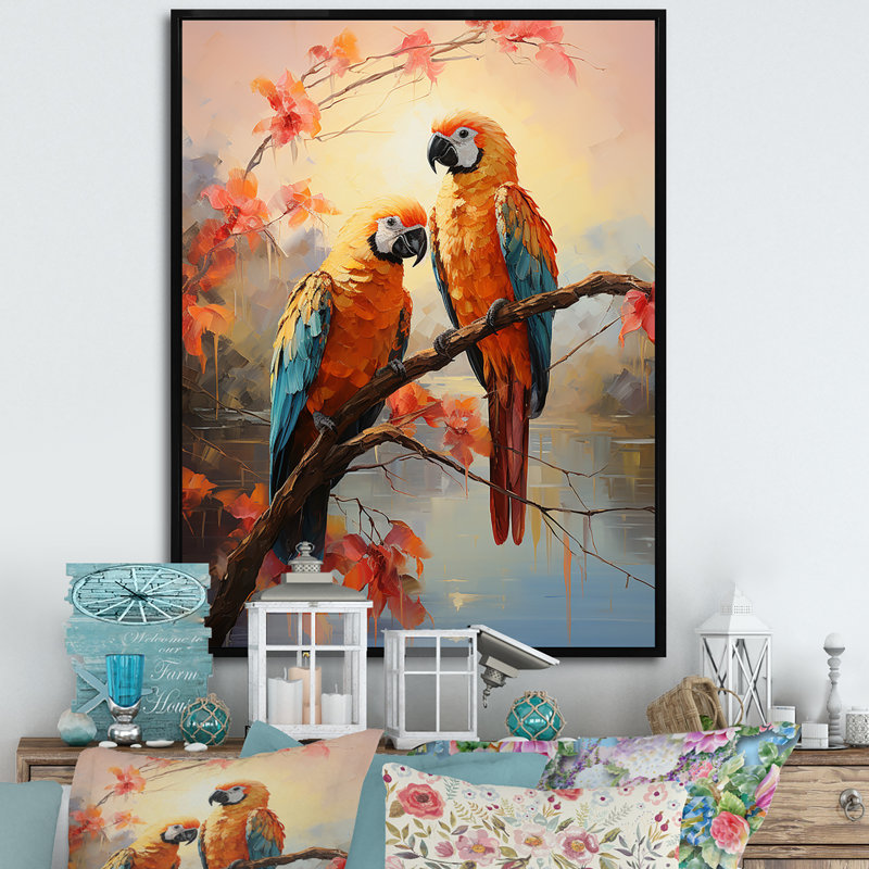 " Parrots Sunset Serenade ", Black Floater Frame, 20" H x 12" W x 1" D