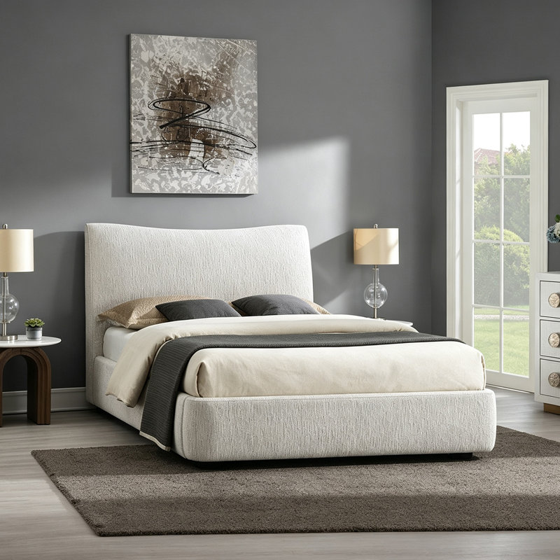 Lit plateforme double recouvert de chenille beige