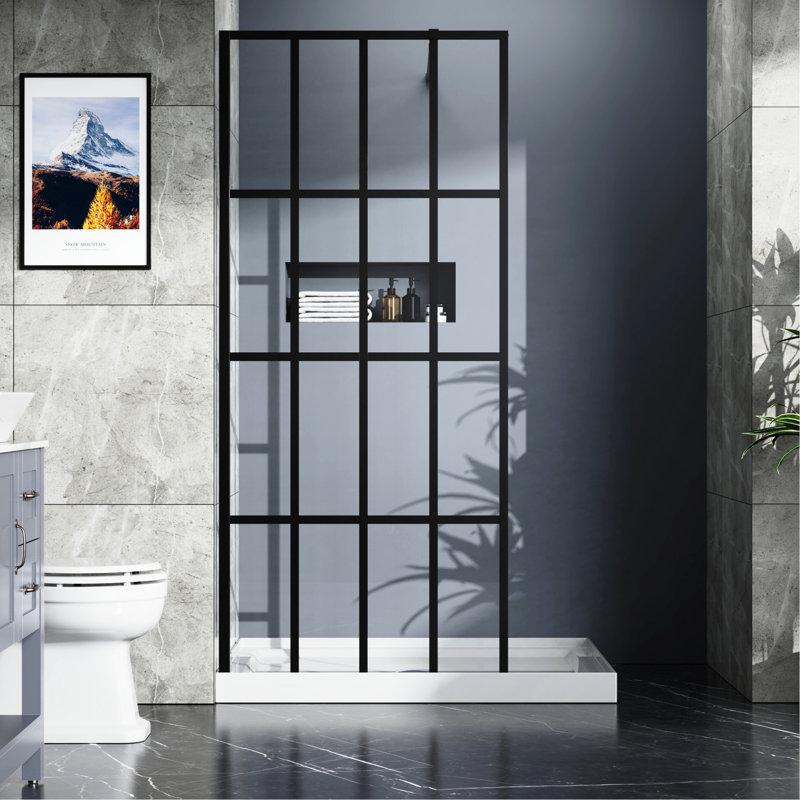 Porte de douche sans rendez-vous 34 po x 72 po, noir, verre trempé, installation de support réglable