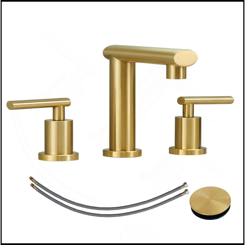 Brushed Gold 3-Hole Low-Arch 8 Inch Widespread Bathroom Faucet, Vanity Sink Faucet With Metal Pop Up Drain Assembly And Water Supply Lines For Lavatory