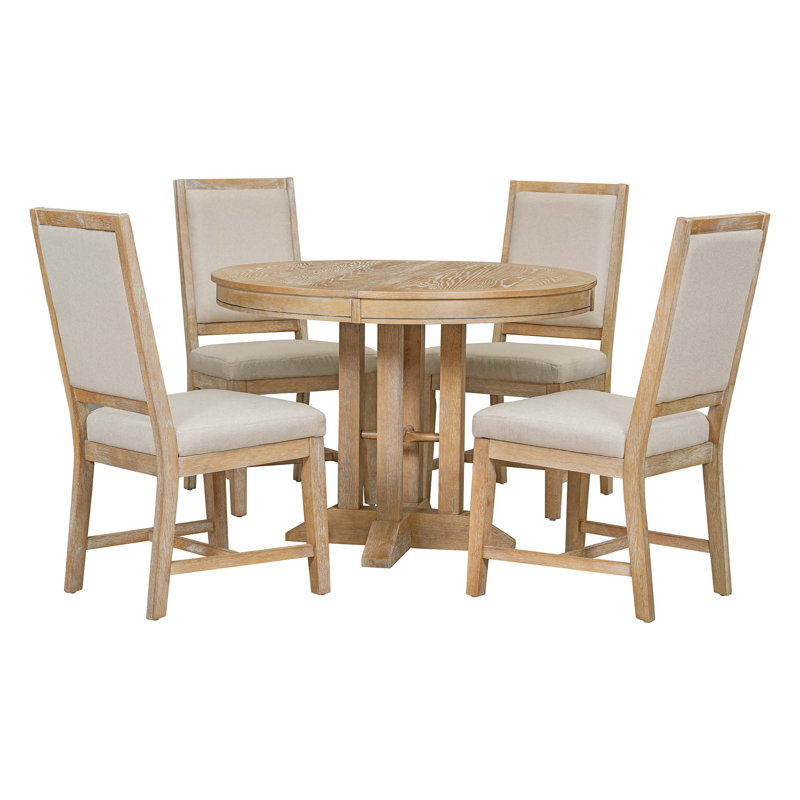 Ensemble de salle à manger 5 pièces avec table ronde et 4 chaises rembourrées pour la cuisine et la salle à manger, Naturel