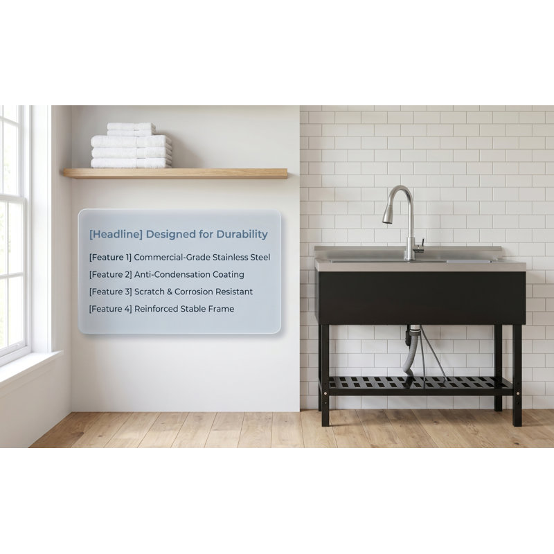 Évier utilitaire autoportant en acier inoxydable de 101,6 cm x 61 cm (40 po x 24 po), grand bac unique, pour buanderie, cuisine, garage ou usage extérieur.