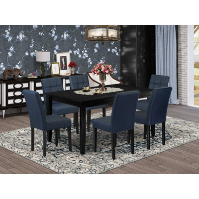 7 Piece Dinner Table Set contain A Kitchen Table and 6 Dark Navy Blue Polyester Fabric Person Kitchen Chairs with Stylish Back- Black Finish