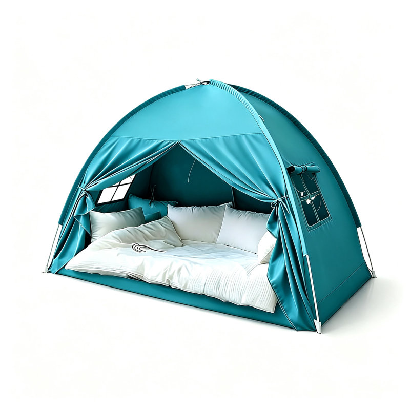Tente de lit double bleue, tente de couchage intérieure respirante et sensorielle, tente occultante pour espace privé pour enfants