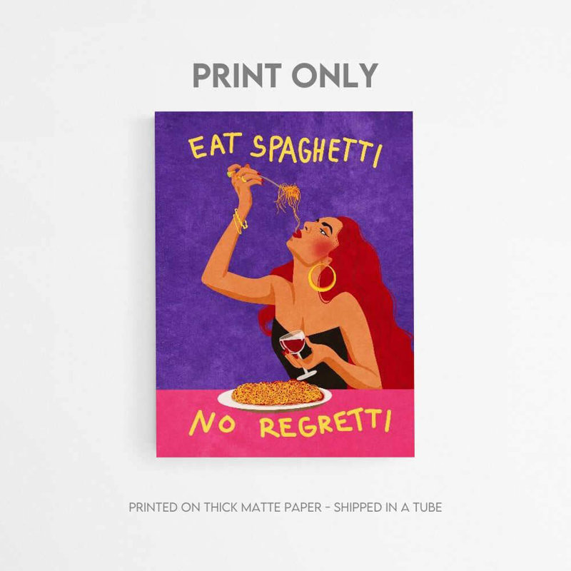 Drôle de spaghetti - affiche «Retro Eat No Regretti», H 16 po x l 12 po, Impression encadrée avec passe-partout, Brun