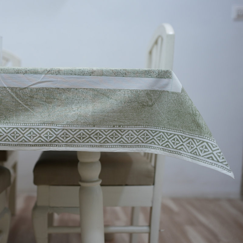 Vintage Sage Hand Block Printed Cotton Tablecloth, Patjhad, Green, 60" W x 60" L
