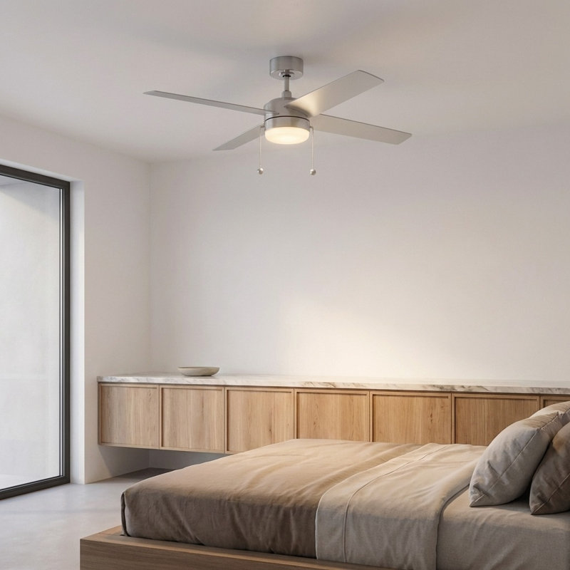 Loni 52 LED Ceiling Fan, American Walnut/Blade Silver, Pull Chain, Brushed Steel