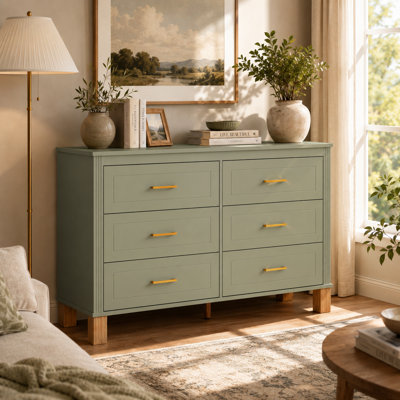 Commode 6 tiroirs avec poignées en métal et pieds en bois massif Rundelle