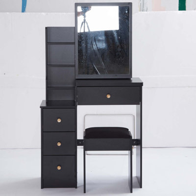 Petite coiffeuse 29,2 po avec tabouret de chevet gauche + tabouret rembourré, très grand miroir coulissant à droite, rangement multi-couches à grande capacité, commode pratique et pratique, convient aux petits espaces