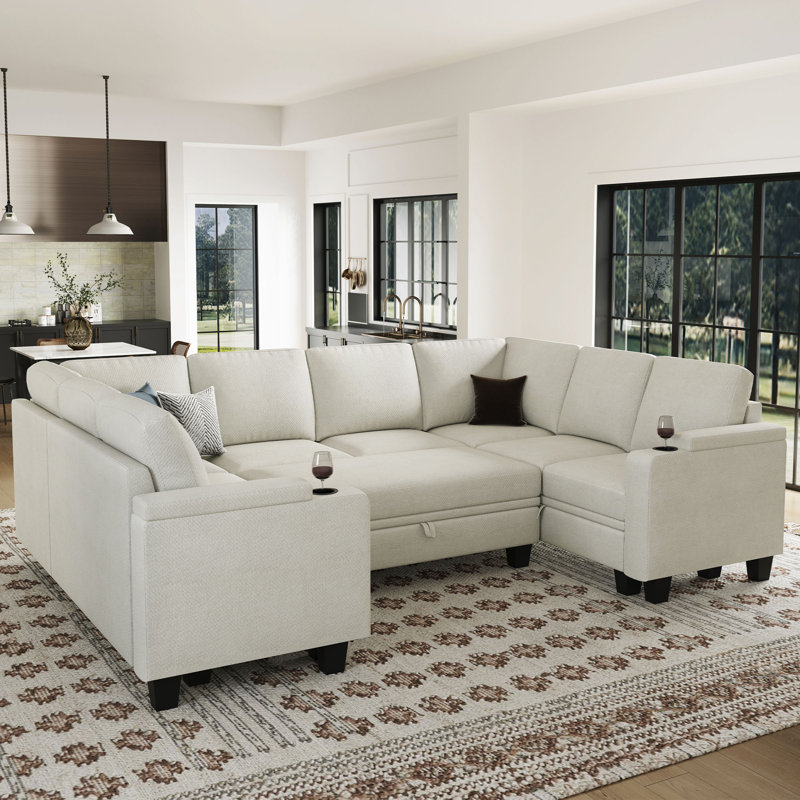 Anjanette Jenette Oversized Chenille U Shaped Storage Seat Modular Sofa Large Sectional Sleeper Couch With Removable Thick Soft Cushion And Movable Ottomans