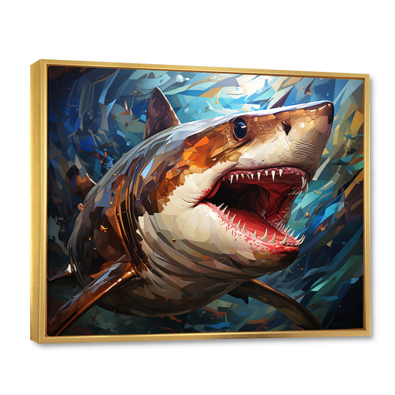" Blue Shark Predators Glare Geometric II ", 12" H x 20" W x 1" D, Gold Floater Framed