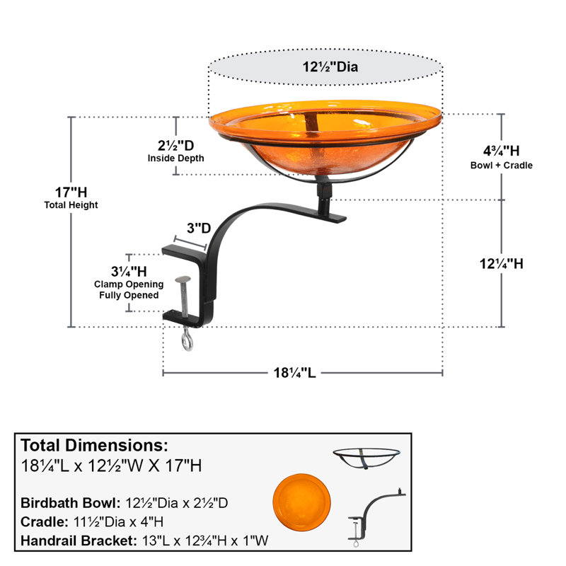 Mandarin Orange Crackle Glass Birdbath with Rail Mount Bracket