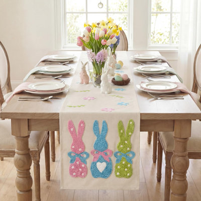 Pink Blue Green Soft Chain Embroidery Rabbit Bunny Happy Easter Table Runner Spring Kitchen Dining Decor 1 Piece