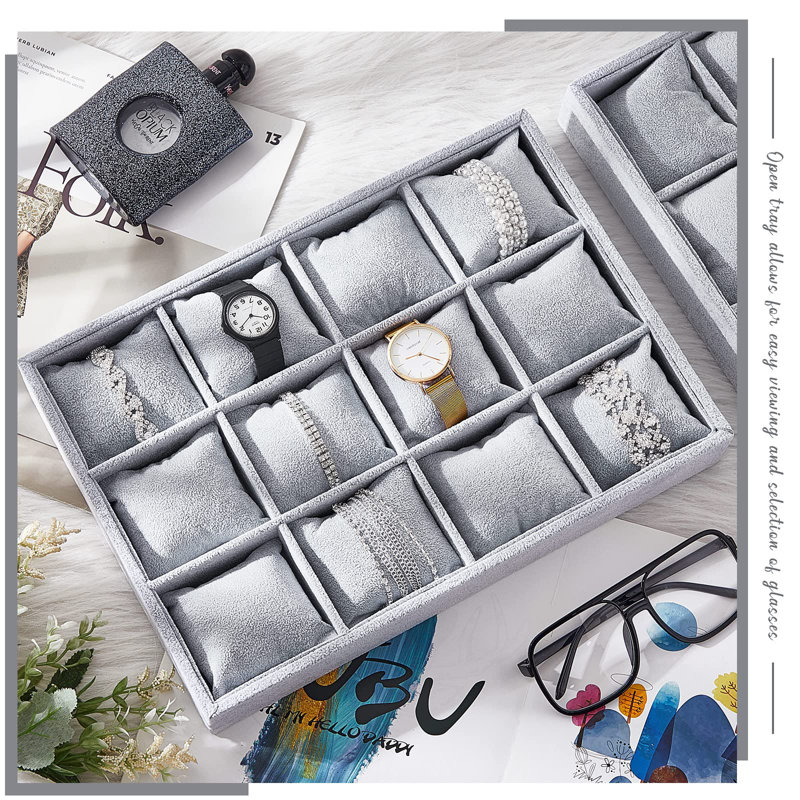 2 Pieces Velvet Watch Tray Jewellery Organizer 12 Grid Stackable Watch Bracelet Bangle Display Holder Adjustable Pillow